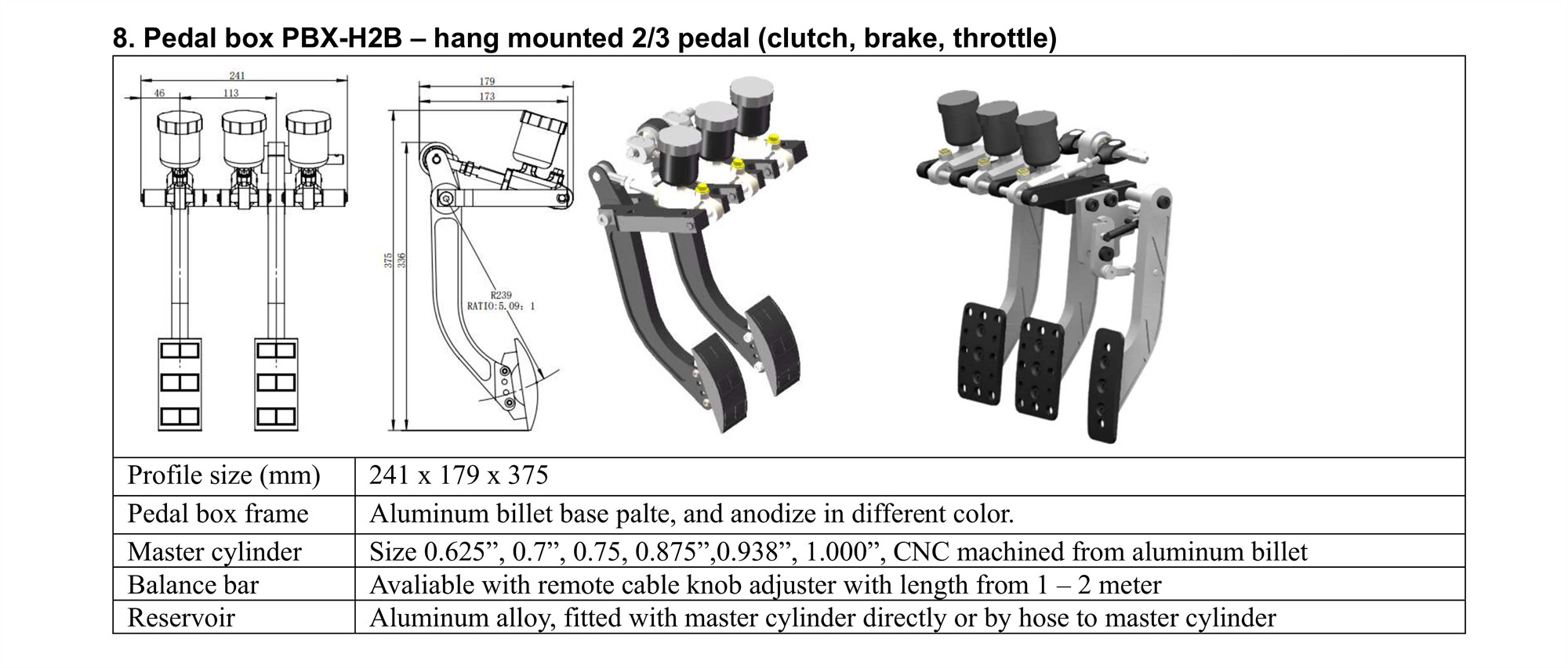Pedal box 3 Pedals hanging type master cylinder by aluminum billet