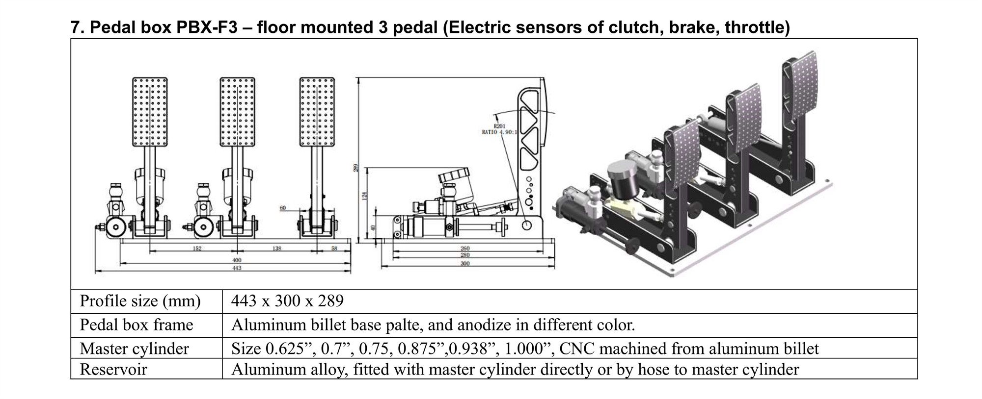 Simulator Pedal box 3 Pedals sensors clutch, brake & throttle floor mount