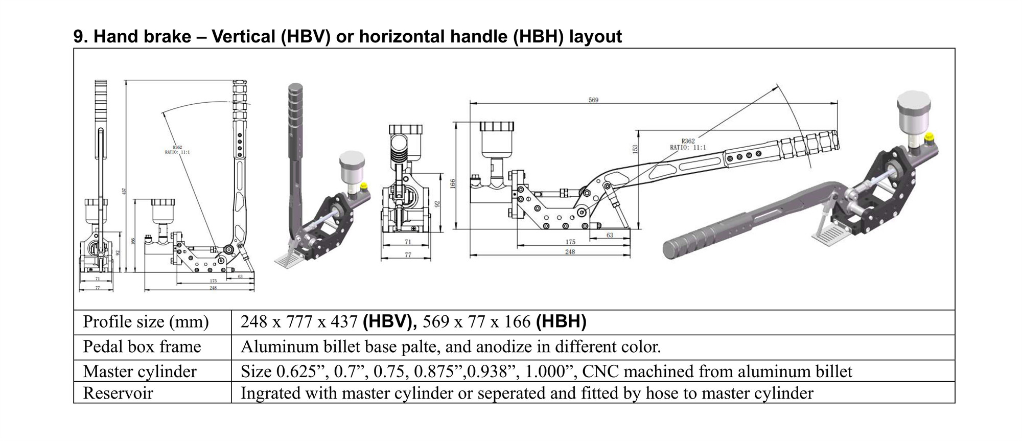 Hand Brake horizontal handle aluminum frame adjustable