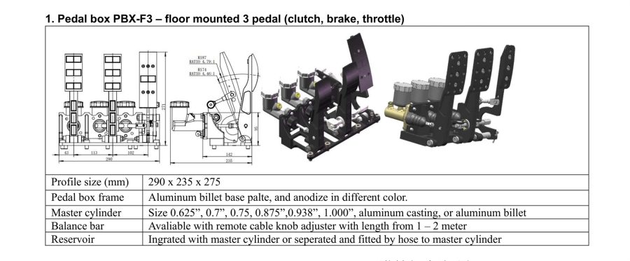 Pedal box PBX-F3 floor mount 3 pedals clutch, brake, throttle mesh plate