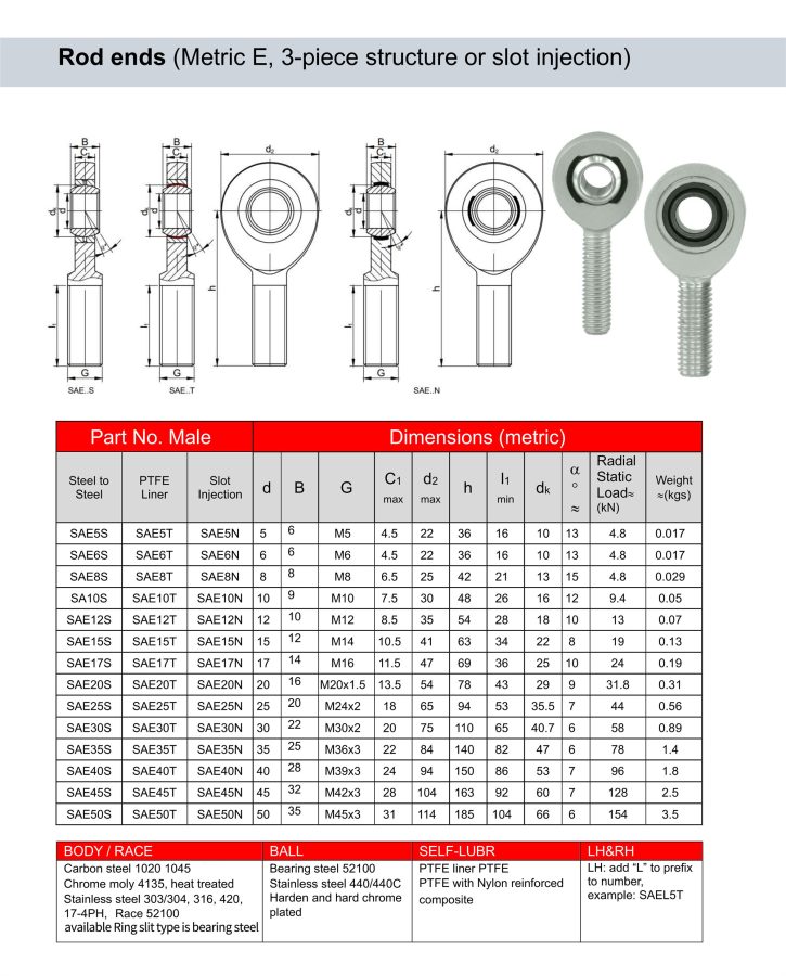 Metric E rod ends bearing SAE T male thread