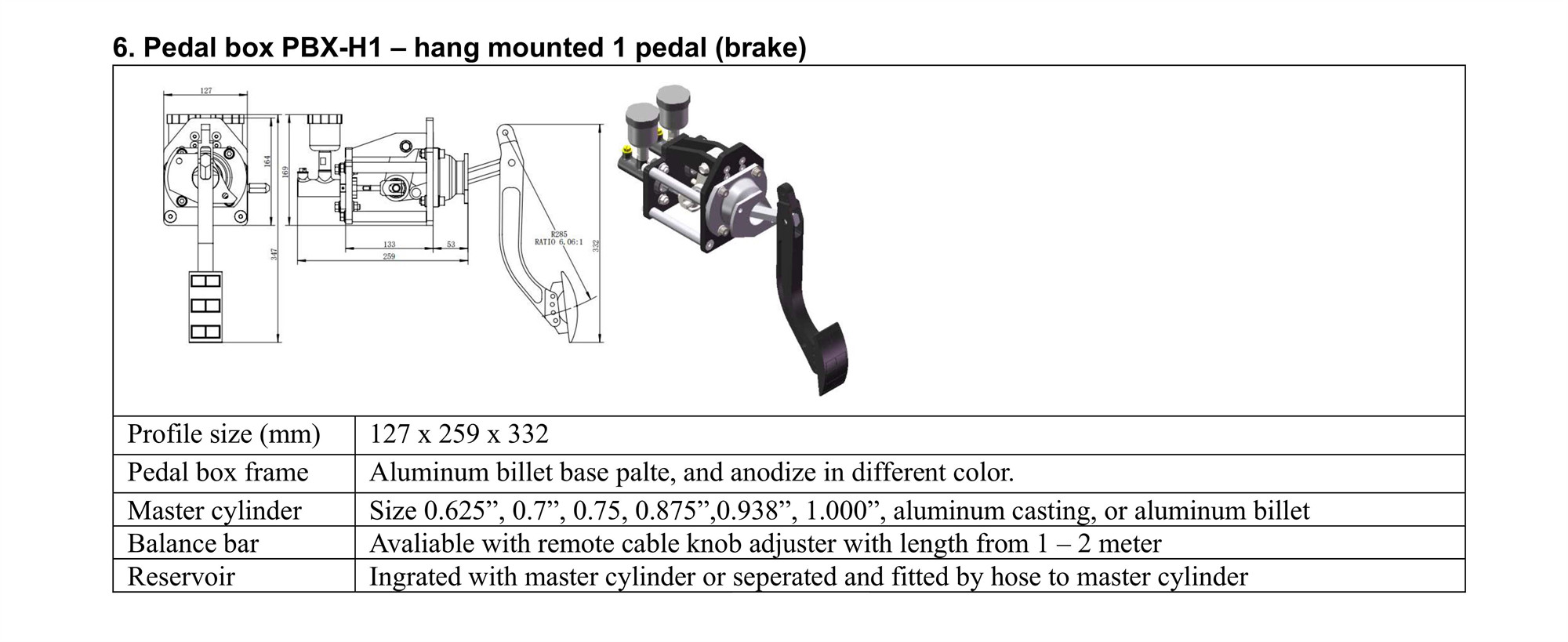 Pedal box PBX-H1 single pedal hanging mount 1 or 2 Master cylinders