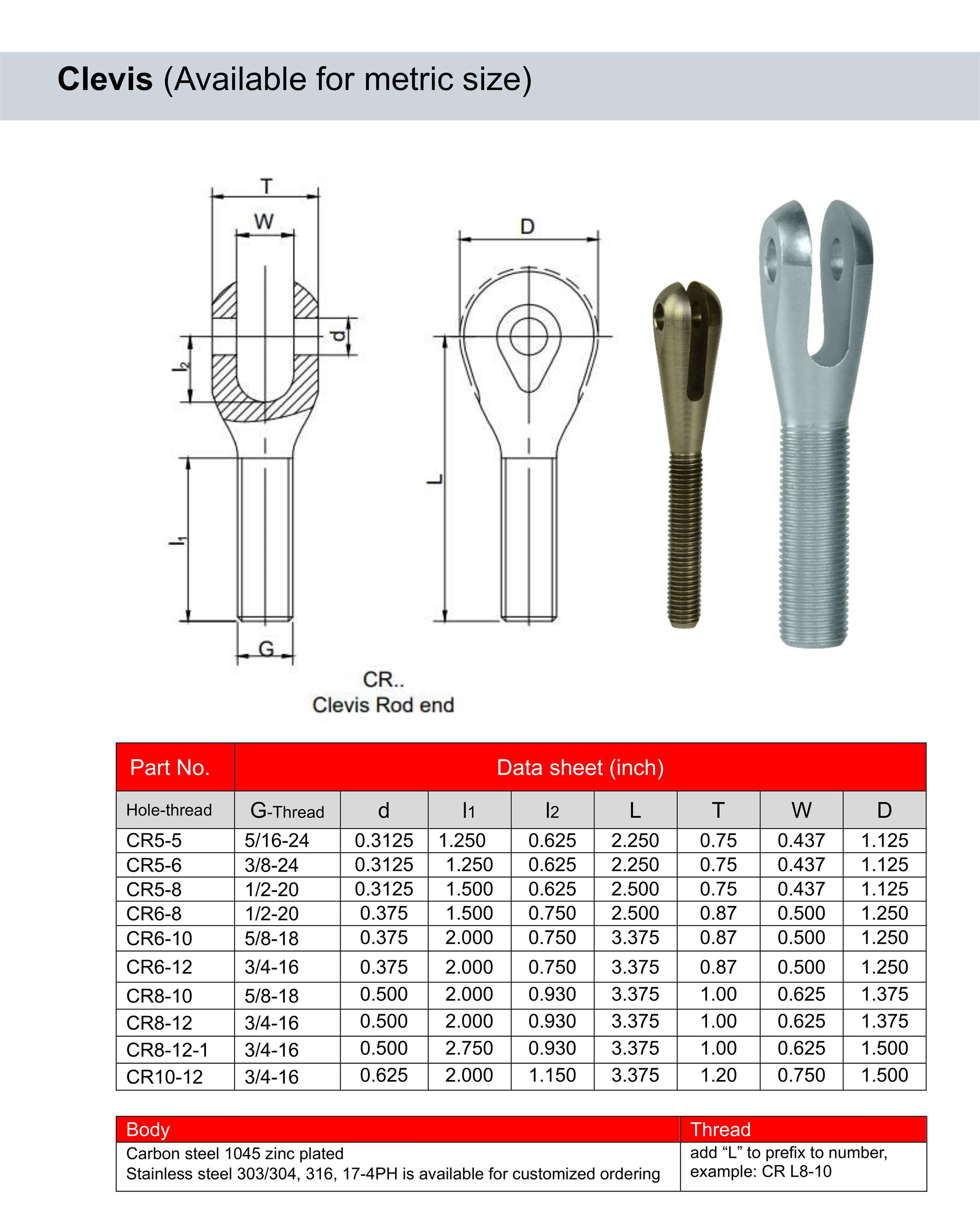 Clevis rod end (Available for metric size)