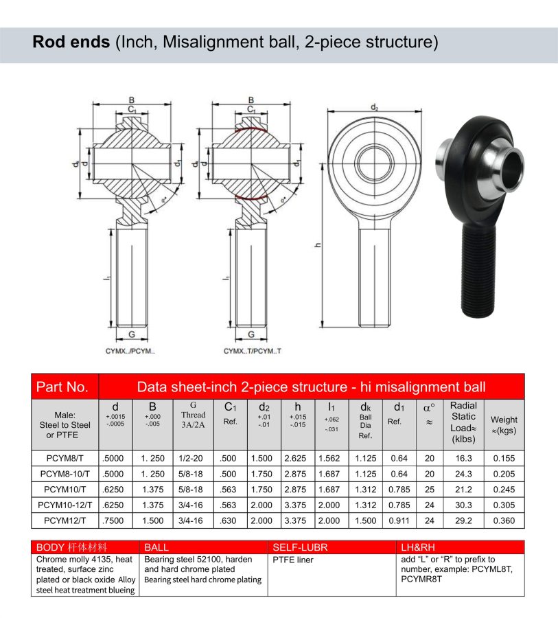 2-piece misalignment Rod end chromoly ptfe avaliable